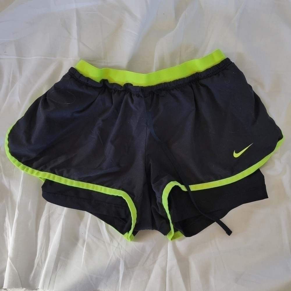 Nike Dri-Fit black lined neon green trim & swoosh running shorts XS